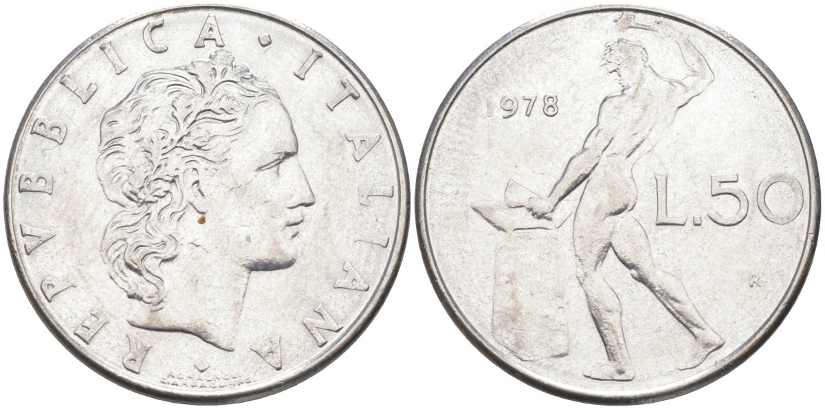 Италия 50 лир 1978 R, Бог огня Вулкан у наковальни KM 95.1 нержавеющая сталь 4525-1013