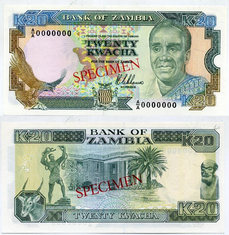 Замбия 20 квач ND (1989-1991) Кеннет Каунда, антилопа, президентский дворец, подпись Nkhoma. Образец, Specimen Pick 32s бумага UNC (пресс) 451-337-3