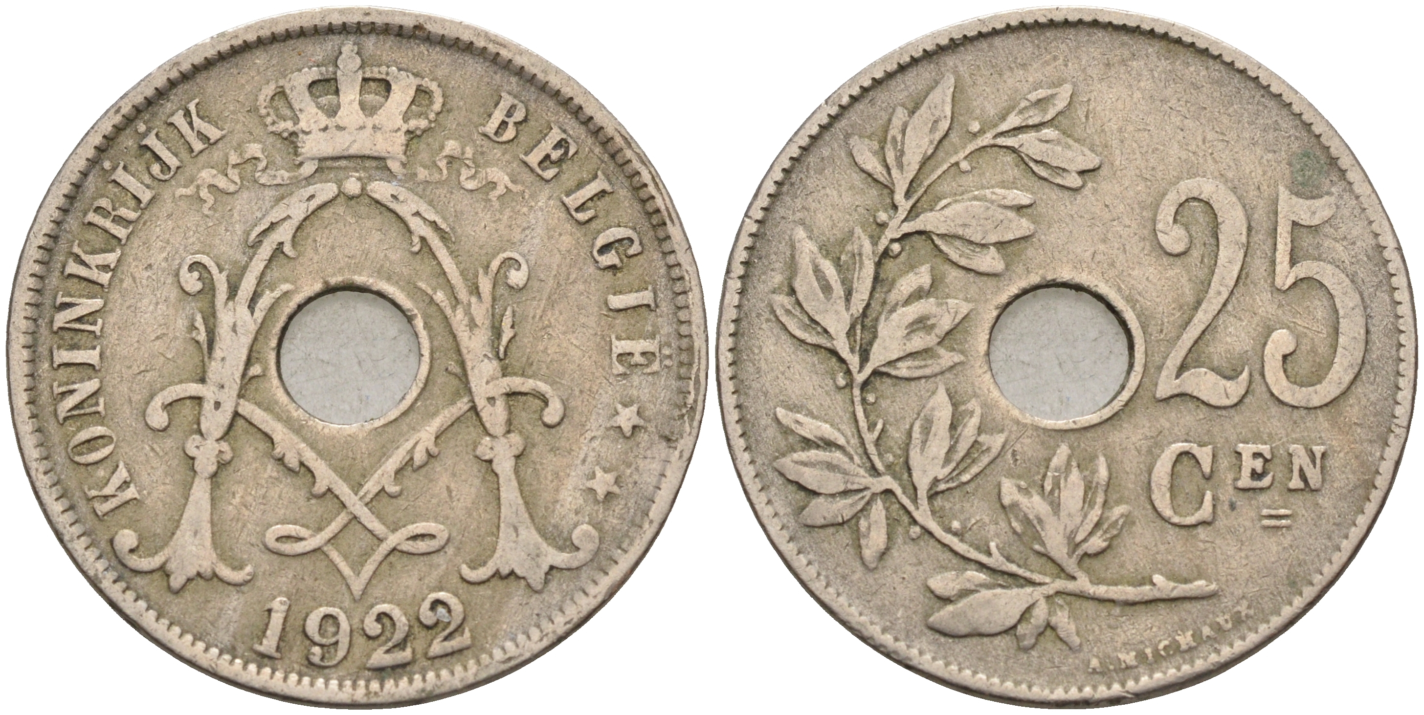 БЕЛЬГИЯ 25 САНТИМОВ 1922 BELGIE KM 69 медно-никель 4589-745