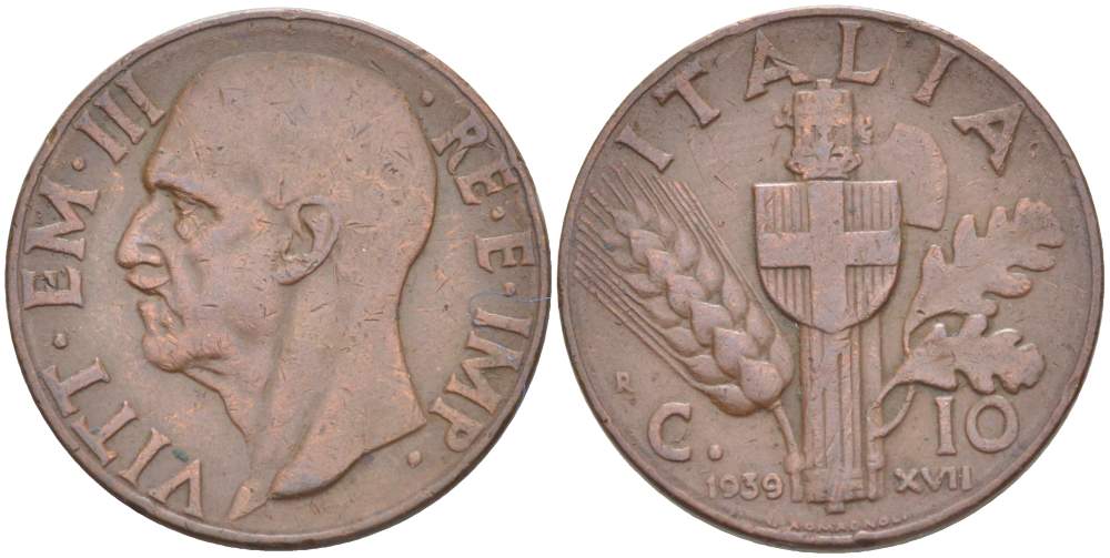 ИТАЛИЯ 10 ЧЕНТЕЗИМО 1939 R, ГОД XVII, МОНДВОР РИМ, ВИКТОР ЭММАНУИЛ III (1900-1946) KM 74 медь 4525-215
