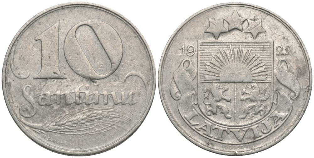 Латвия 10 сантимов 1922 первая Республика (1918-1939) KM 4 никель 4549-1229