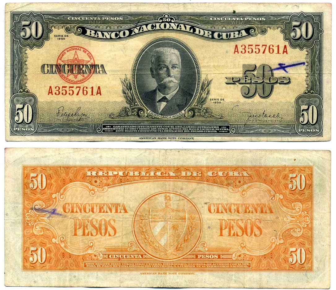 Куба 50 песо 1950 Каликсто Гарсия, ABNC Pick 81а бумага 8613-58-3-2
