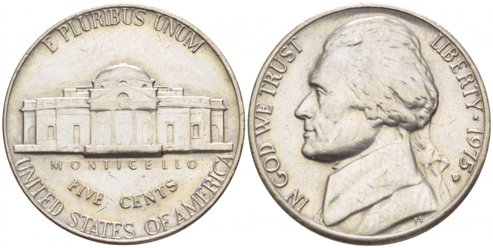 США 5 ЦЕНТОВ 1975 D ДЖЕФФЕРСОН KM А192 медно-никель 4546-1144