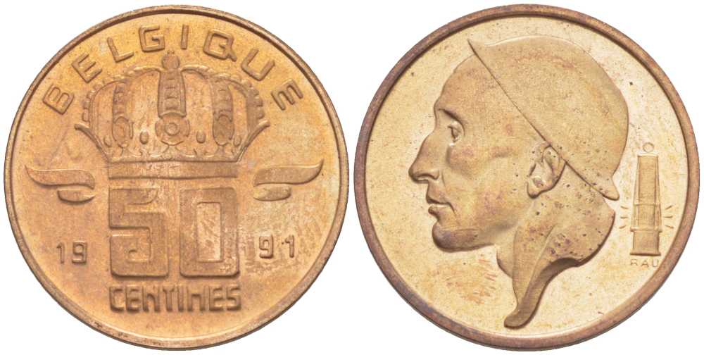 БЕЛЬГИЯ 50 САНТИМОВ 1991 BELGIQUE, БОДУЭН I (1951-1993) KM 148.1 бронза 214-646