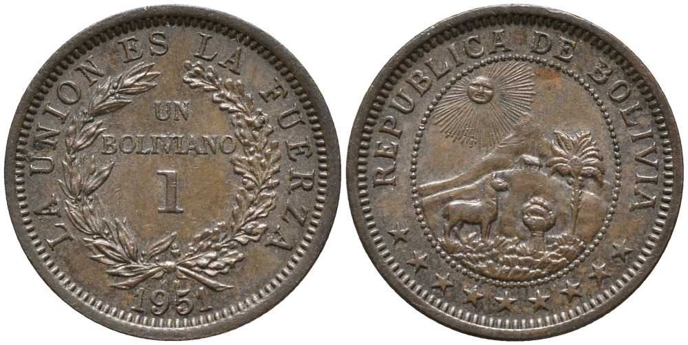 Боливия 1 боливиано 1951 KN KM 184 бронза 112-755