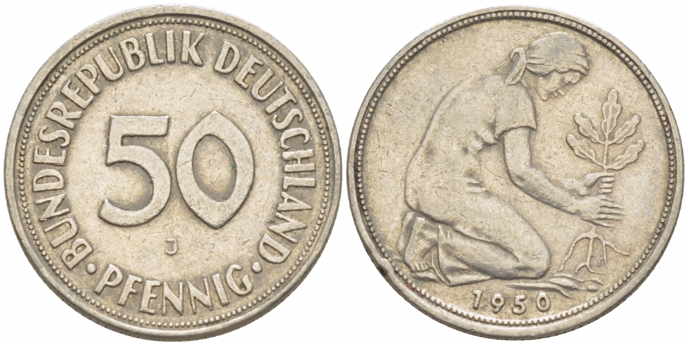 ФРГ 50 ПФЕННИГОВ 1950 J KM 109.1, J. 384 медно-никель 4396-1662
