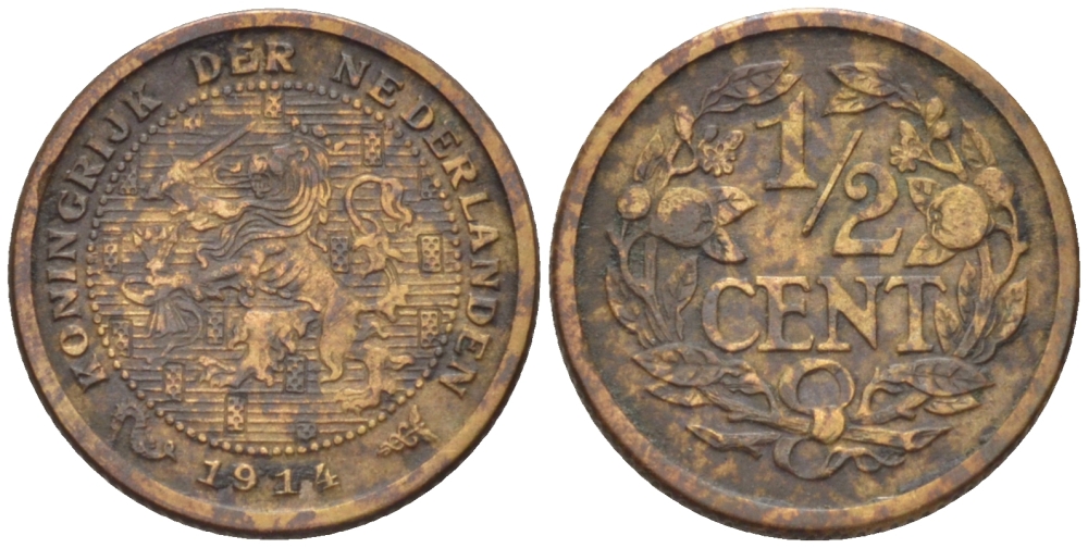 НИДЕРЛАНДЫ 1/2 ЦЕНТА 1914 ВИЛЬГЕЛЬМИНА (1890-1948) KM 138 бронза 39-166