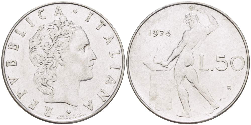 ИТАЛИЯ 50 ЛИР 1974 R, КУЗНЕЦ KM 95.1 нержавеющая сталь 4523-653