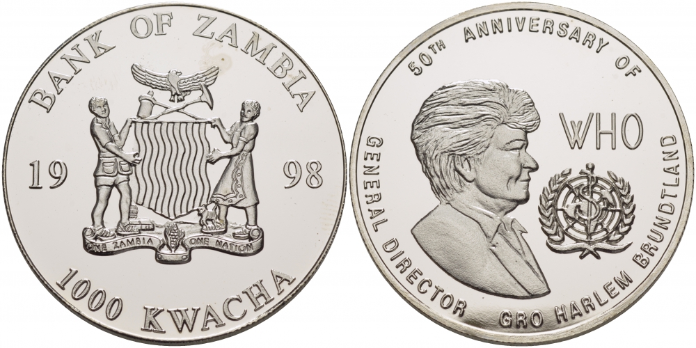 Замбия 1000 квача 1998 50 лет директору ВОЗ Гру Харлем Брунтланн медно-никель 04-268-43