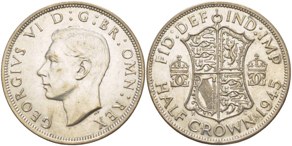 Великобритания 1/2 кроны 1945 Георг VI (1936-1952) KM 856, Spink 4080 серебро 4542-525