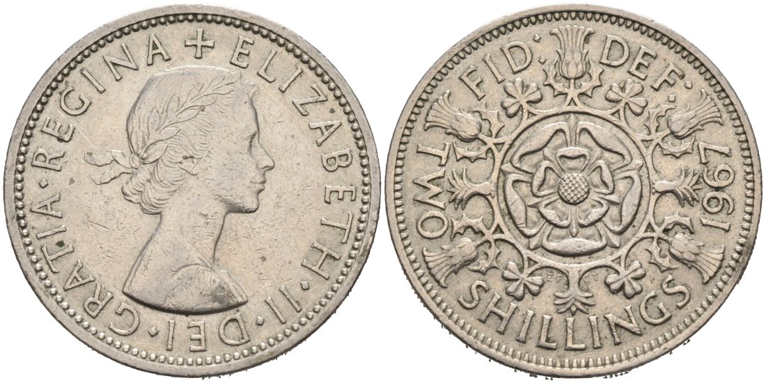 Великобритания 2 шиллинга (флорин) 1967 Елизавета II (1952-2022) KM 906, Spink 4146 медно-никель 4572-1021
