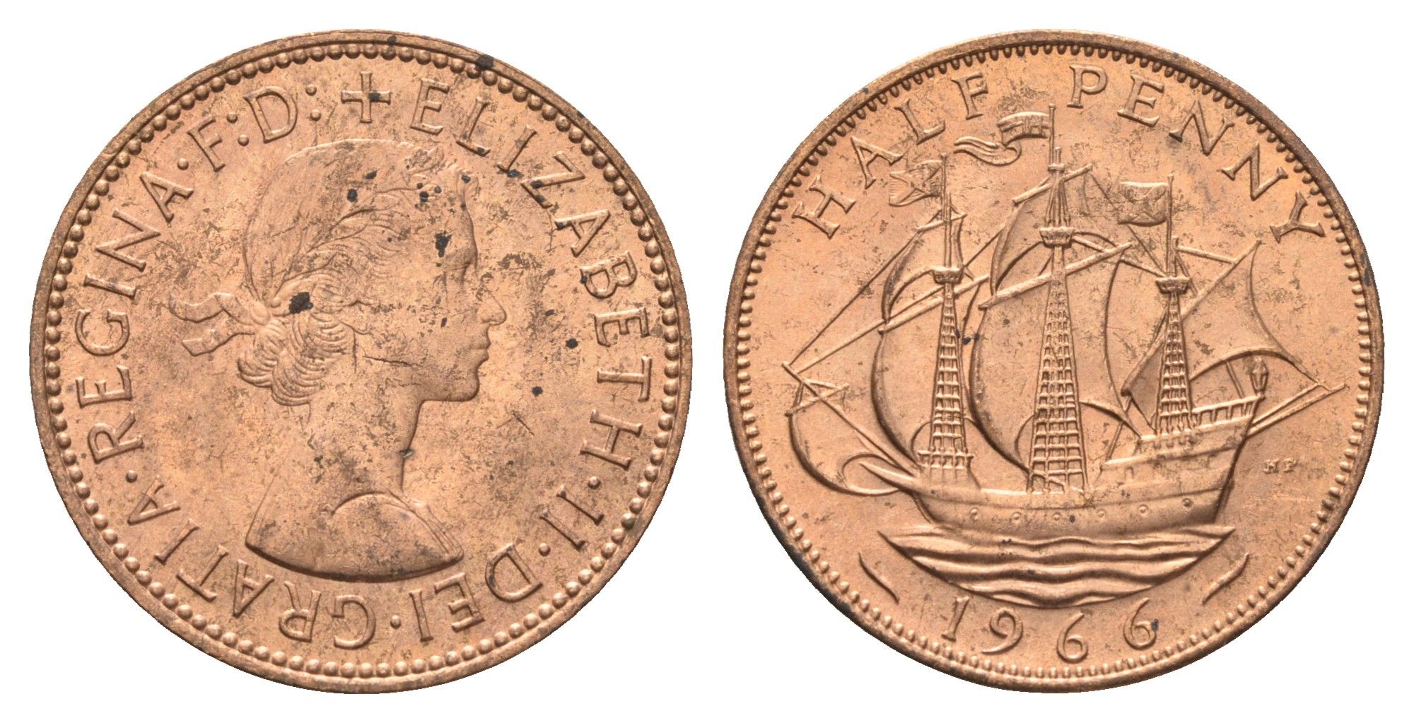 Великобритания 1/2 пенни 1966 Елизавета II (1952-2022) KM 896, Spink 4158 бронза aUNC 4662-1247