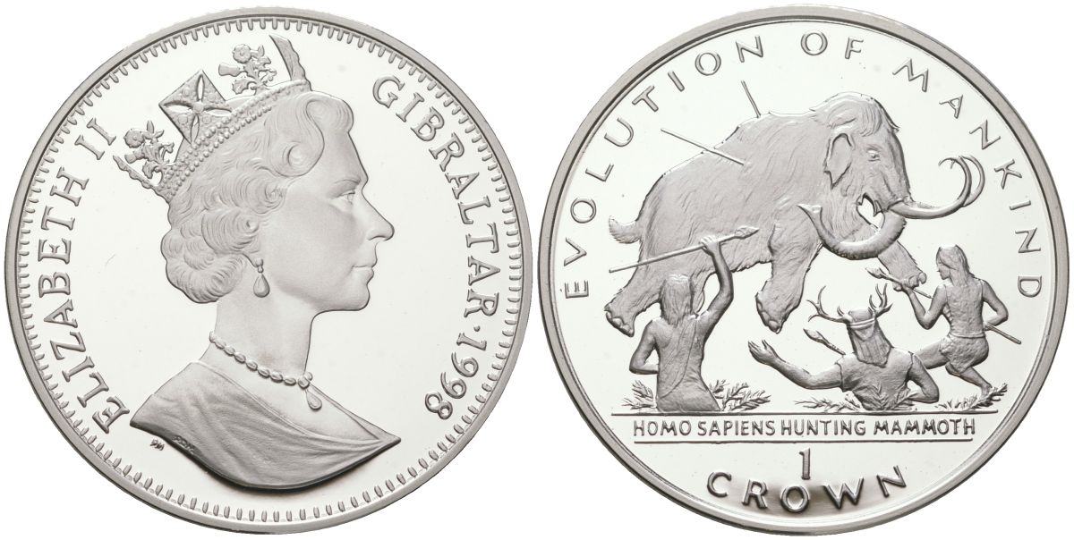 Гибралтар 1 крона 1998 Эволюция человечества -человек разумный (Homo Sapiens) охотящийся на мамонта KM 720 медно-никель PROOF 11-038-23
