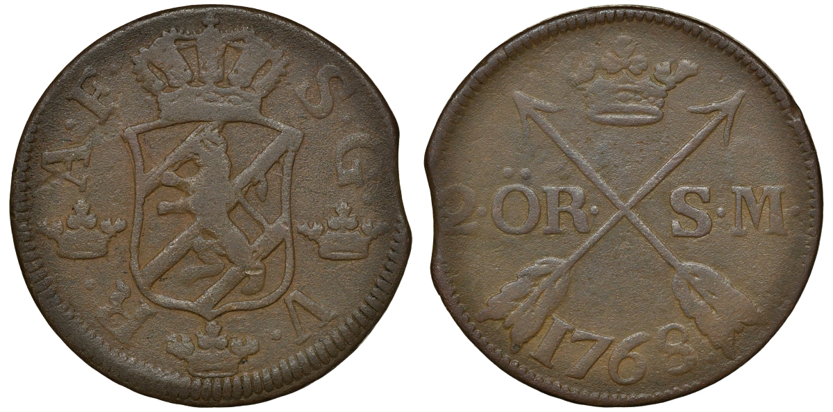 Швеция 2 эре 1768 Адольф Фредерик (1751-1771) S.M. диаметр 34 мм, вес 28,3 гр, последний год чеканки данного типа KM 461 медь 4179-334