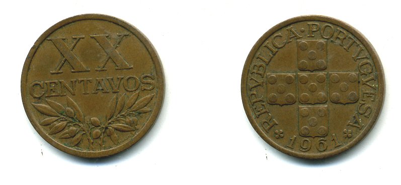 ПОРТУГАЛИЯ 20 СЕНТАВО 1961 KM 584 бронза 35-728