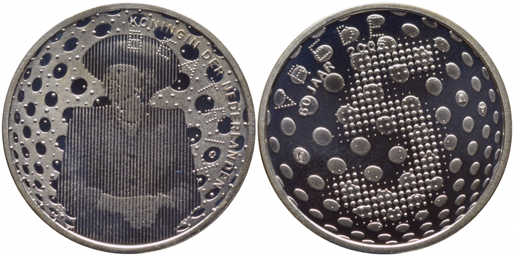 Нидерланды 5 евро 2005 60 лет окончания второй мировой войны, королева Беатрикс KM 254 серебро PROOF 01-146-11