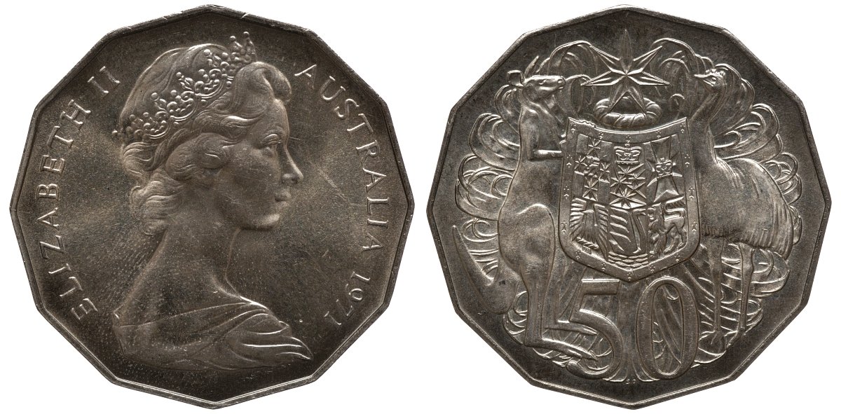 Австралия 50 центов 1971 Елизавета II (1952-2022), герб Австралии, кенгуру KM 68 медно-никель UNC 4557-1123