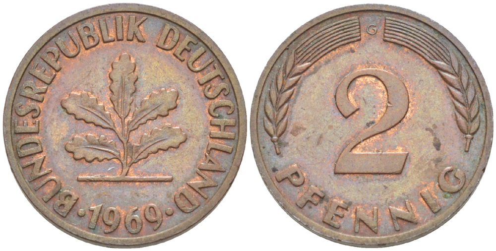 ФРГ 2 ПФЕННИГА 1969 G KM 106а, J. 381а сталь плакированная сталь плакированная медьюю 4181-756