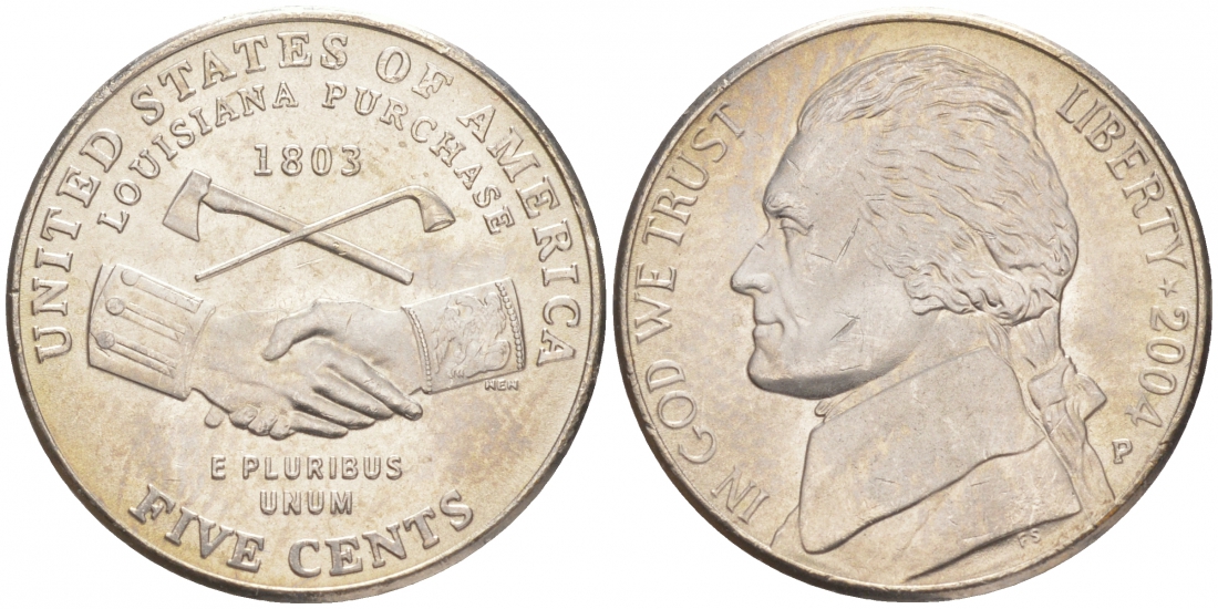 США 5 центов 2004 P, серия 200 лет экспедиции Льюиса и Кларка, приобретение Луизианы KM 360 медно-никель UNC M32-11