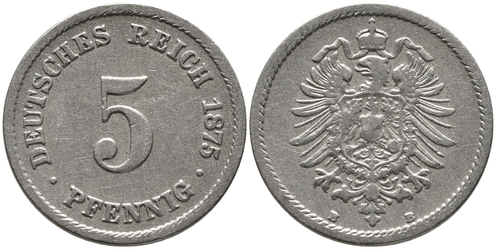 ГЕРМАНИЯ 5 ПФЕННИГОВ 1875 В, СТАРОГЕРБОВКА KM 3, J.3 медно-никель 96-615