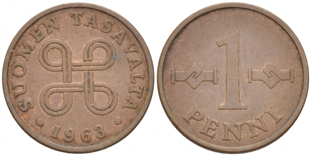 Финляндия 1 пенни 1963 первый год KM 44 медь 3718-113
