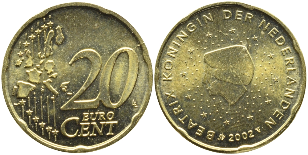 Нидерланды 20 евроцентов 2002 Беатрикс (1980-2013) KM 238 латунь UNC 4391-323