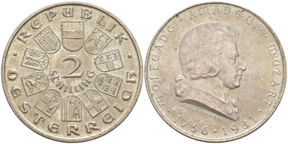 Австрия 2 шиллинга 1931 175 лет со дня рождения Моцарта KM 2847 серебро 4545-1224