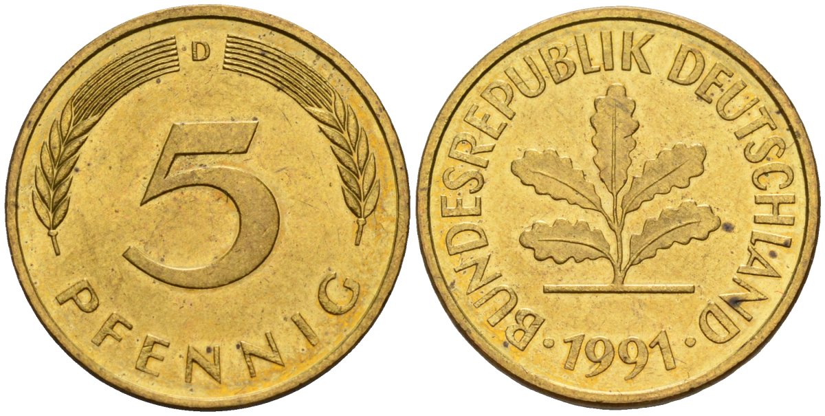 ФРГ 5 пфеннигов 1991 D KM 107, J.382 сталь плакированная латунью 4174-1112