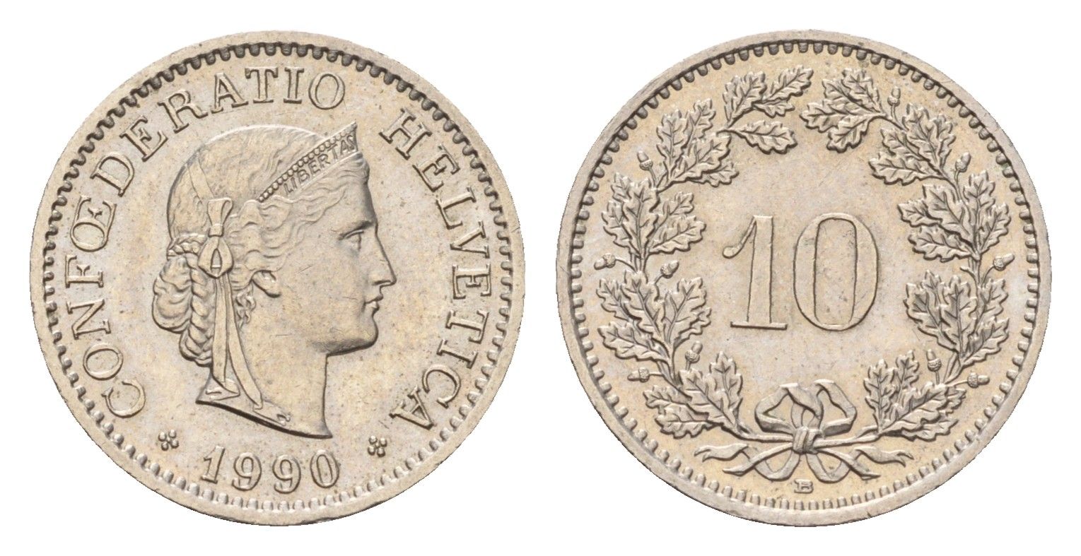 Швейцария 10 раппенов 1990 B KM 27 медно-никель 187-518