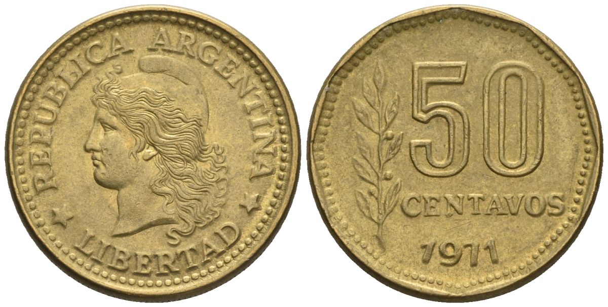 Аргентина 50 сентаво 1971 голова свободы влево KM 68, CJ 330, Schon 68 алюминиевая бронза    60-1042