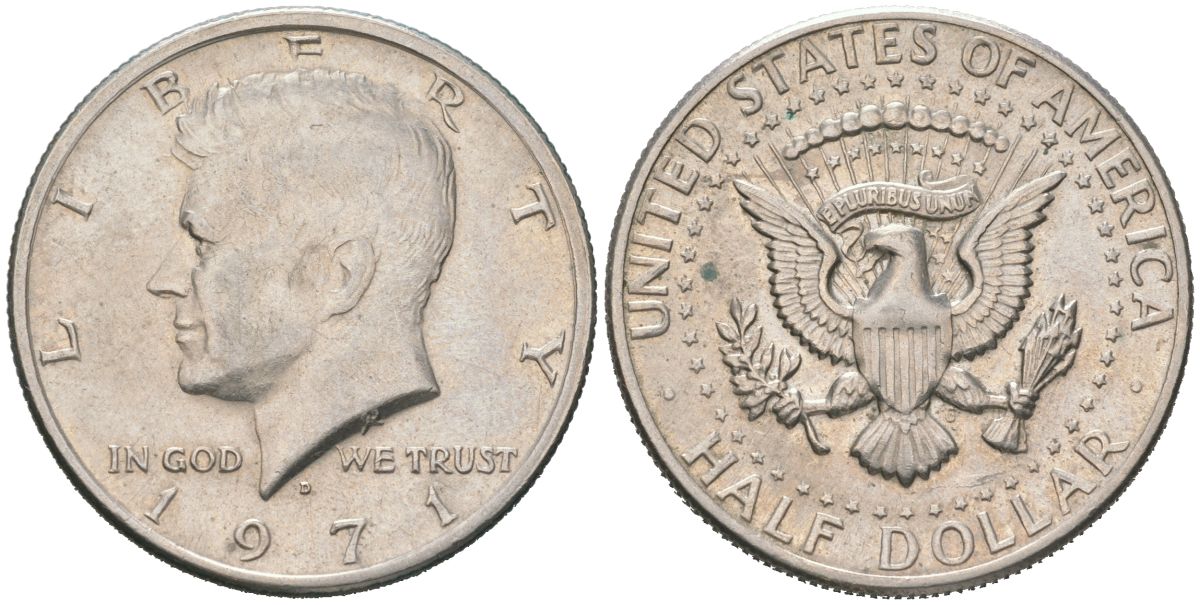 США 1/2 доллара (50 центов) 1971 D, Джон Кеннеди KM 202b медь плакированная медно-никелем 111-342