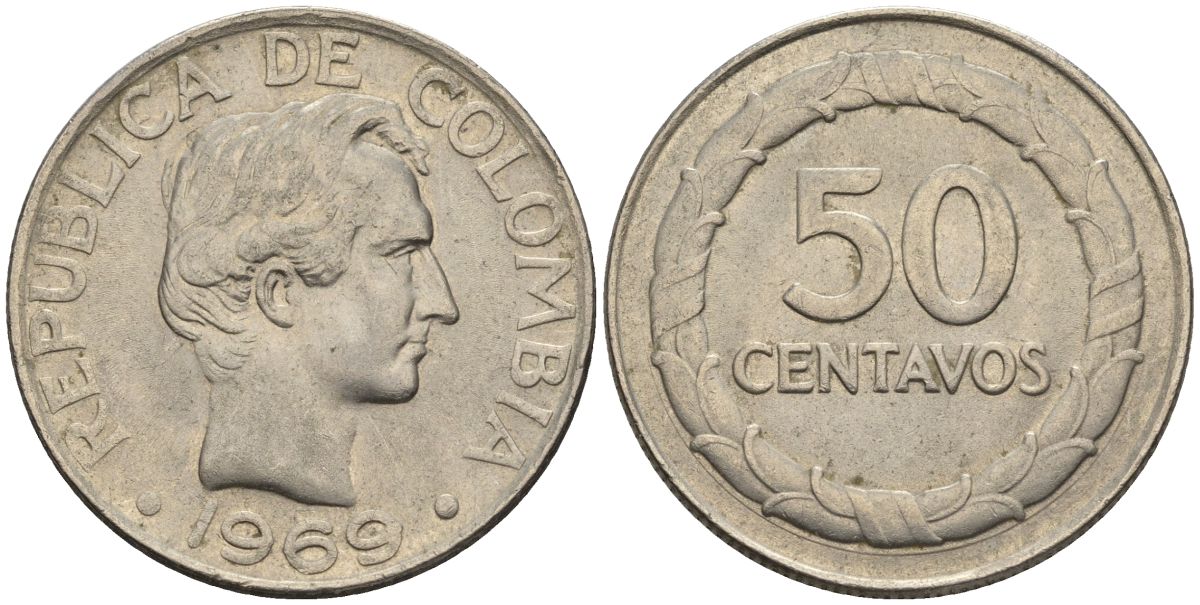 Колумбия 50 сентаво 1969 KM 228 сталь плакированная никелем 4517-223