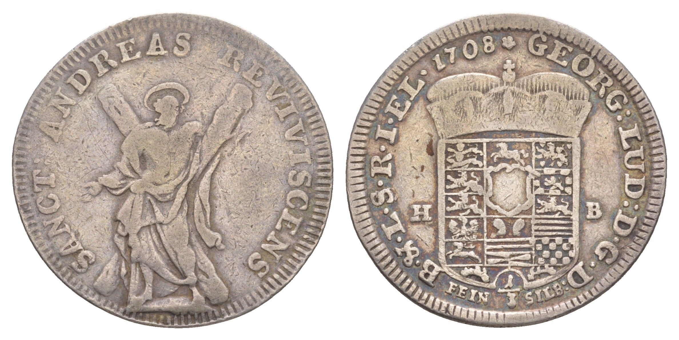 Брауншвейг-Каленберг-Ганновер 1/3 талера 1708 HB, Георг I (1698-1727), из коллекции Ричарда Б. Смита KM 47, Welter?2167, Museler 10.5/47 серебро 1525-111