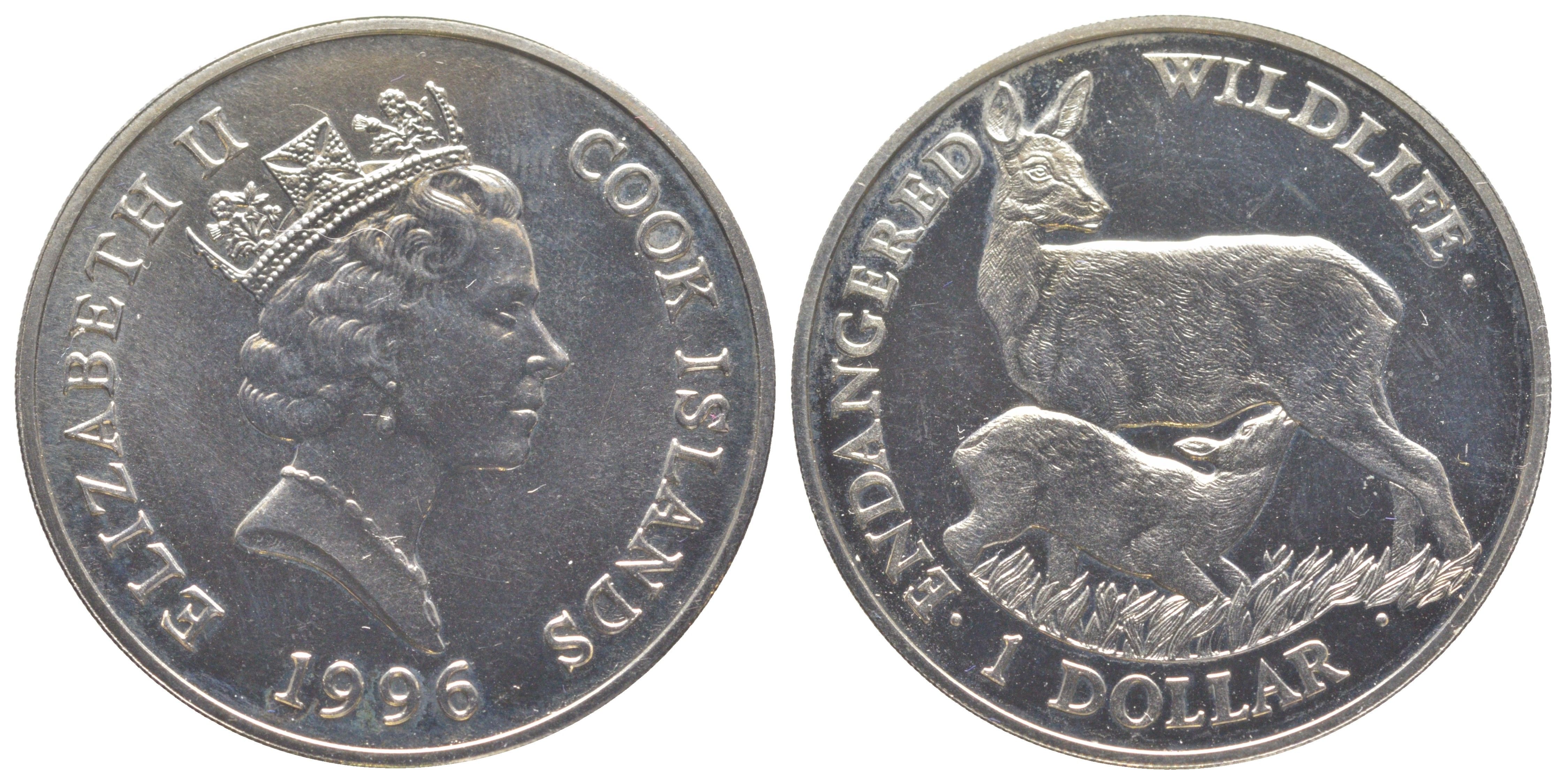 Острова Кука 1 доллар 1996 Вымирающие виды - Белохвостый олень KM 355 медно-никель BU 1525-1212