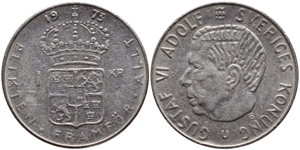 Швеция 1 крона 1973 Густав VI Адольф (1950-1973) KM 826а медь плакированная медно-никелем 4395-523