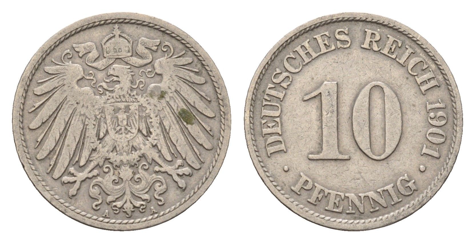 Германия 10 пфеннигов 1901 A, Вильгельм II (1888-1918) KM 12, J. 13 медно-никель 4636-831