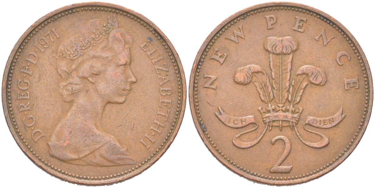 Великобритания 2 новых пенни 1971 Елизавета II (1952-2022) KM 916, Spink C1 бронза 4128-217