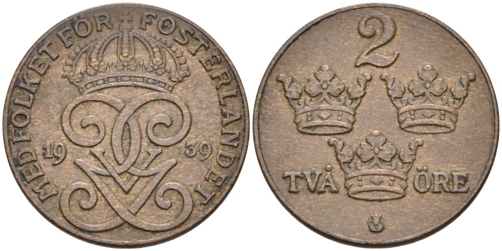 Швеция 2 эре 1939 Густав V (1907-1950) KM 778 бронза 68-1155