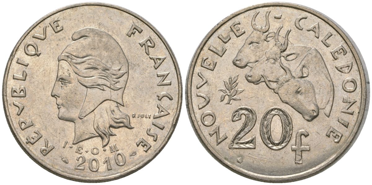 Французская Новая Каледония 20 франков 2010 три быка, (IEOM) KM 12a, Schoen 14a медно-никель 4137-416