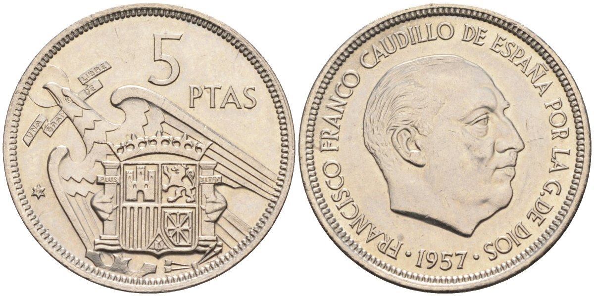 Испания 5 песет 1957(72) Франциско Франко (1939-1975) KM 786 медно-никель UNC 4583-1142