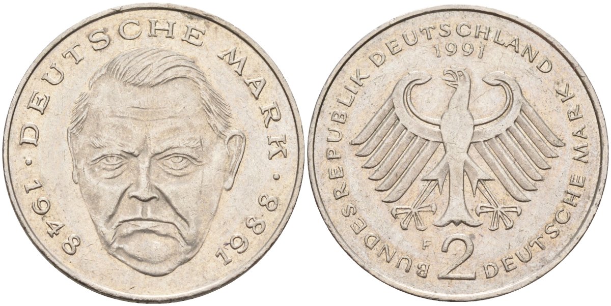 ФРГ 2 марки 1991 F, Людвиг Эрхард, 40 лет Федеративной Республике (1948-1988) KM 170, J. 445 медно-никель плакированный никелем 4583-531