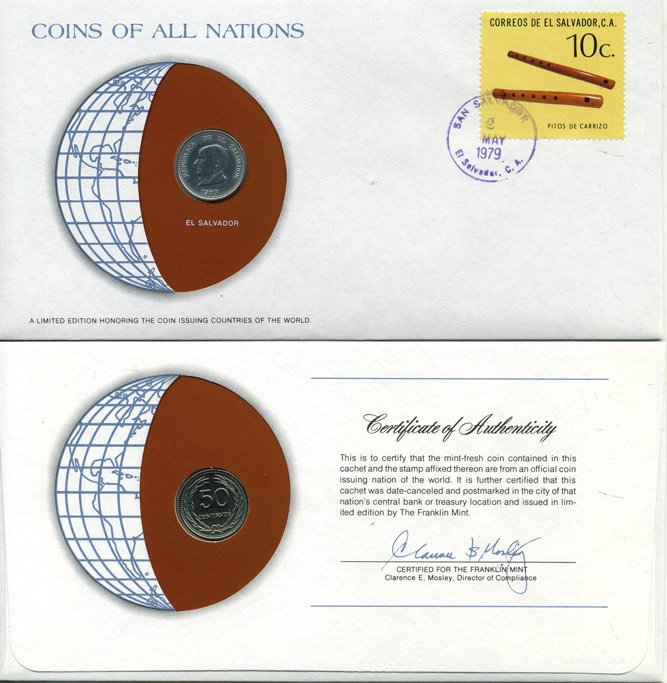 САЛЬВАДОР 50 ЦЕНТОВ 1977 ХОСЕ МАТИАС ДЕЛЬГАДО KM 140.2 никель, МОНЕТА В КОНВЕРТЕ , С МАРКОЙ ПЕРВОГО ДНЯ ГАШЕНИЯ UNC 4294-15-2