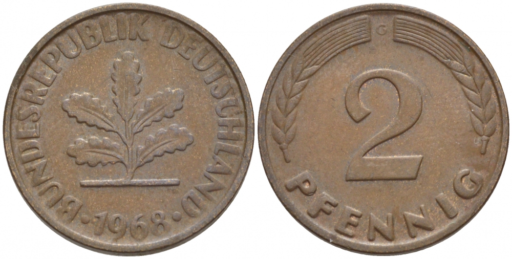 ФРГ 2 пфеннига 1968 G KM 106a, J.381a сталь плакированная медью 4547-1138