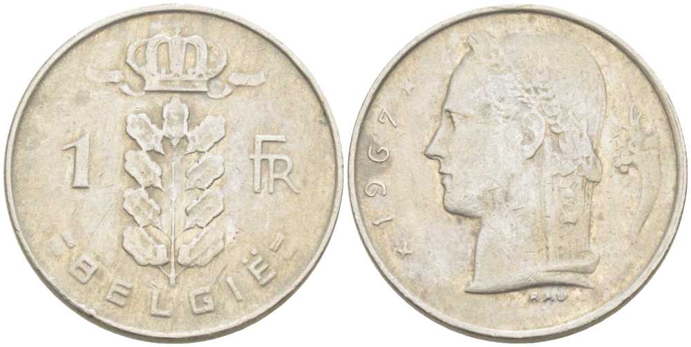 БЕЛЬГИЯ 1 ФРАНК 1967 BELGIE, БОДУЭН I (1951-1993) KM 143.1 медно-никель 213-336