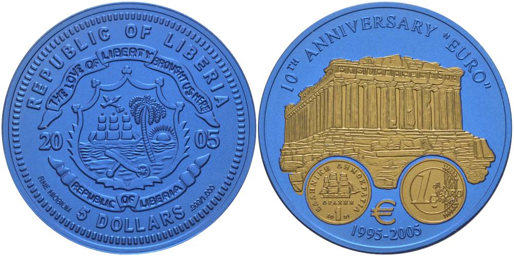 Либерия 5 долларов 2005 10 лет евро, страны еврозоны, Греция, с сертификатом, би-колор (два цвета), вес 7,78 гр., диаметр 35 мм.  ниобий  UNC  1081-7-61