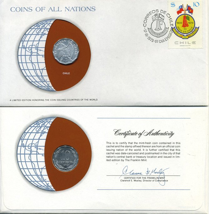 ЧИЛИ 10 СЕНТАВОС 1979 монета в конверте с маркой и спецгашением UNC 4294-28-3