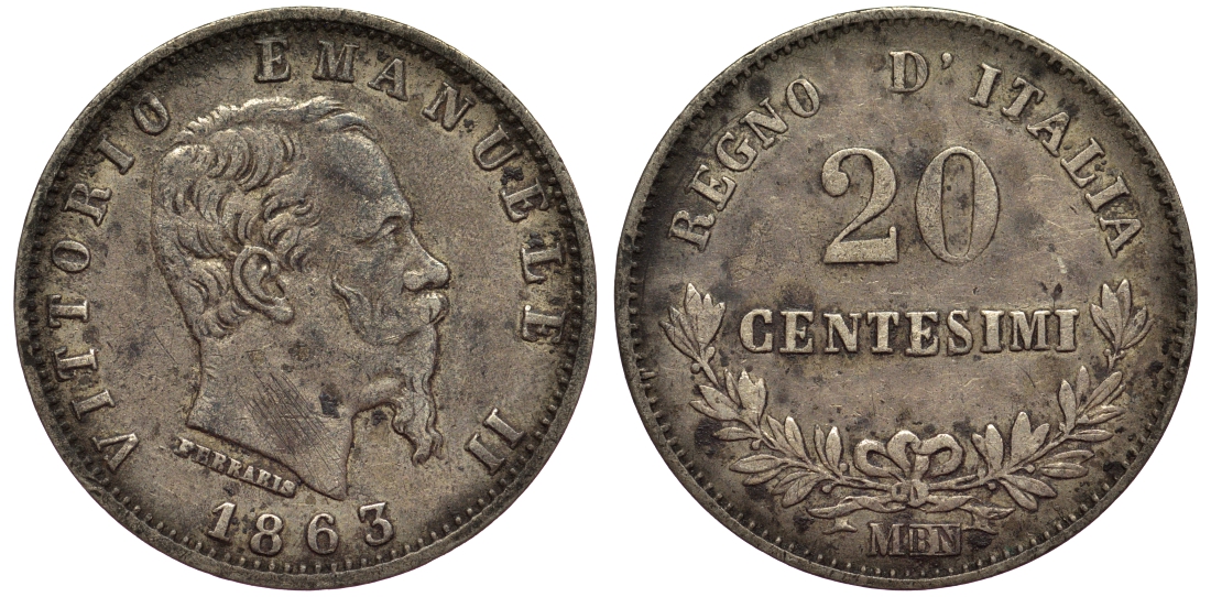 Италия 20 чентезимо 1863 М, Виктор Эммануил II (1861-1878)  KM 13 серебро 1521-1413