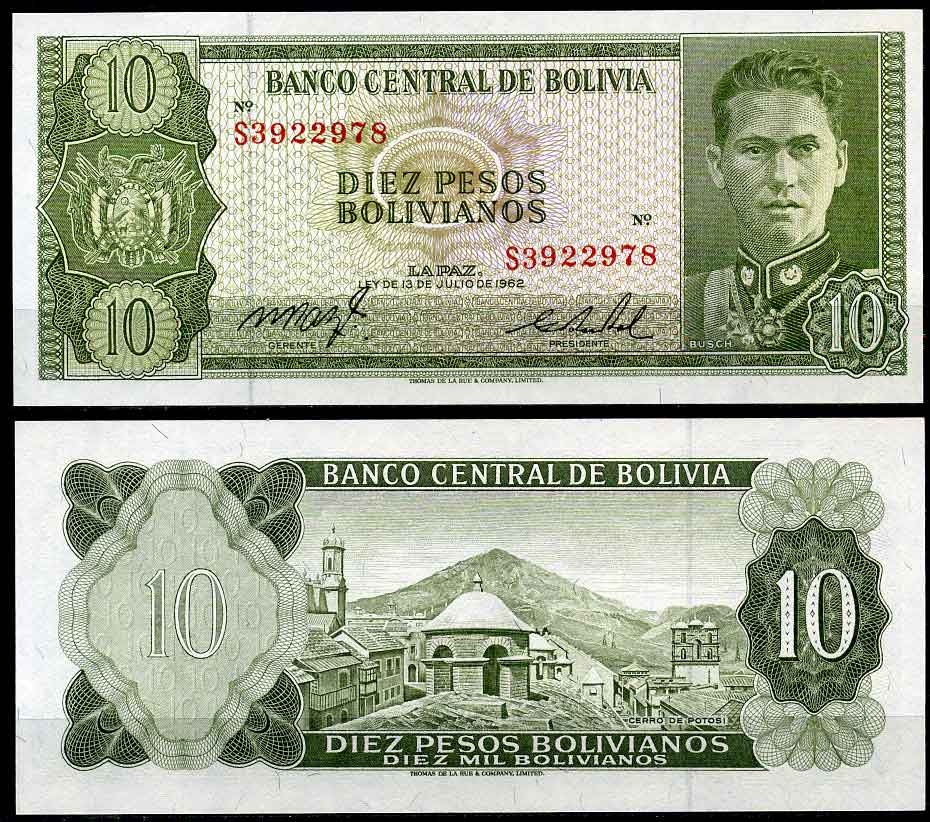 Боливия 10 песо боливиано 1962 серия S3, Херман Буш Бесерра, TDLR Pick 154 a (17) бумага UNC (пресс) 7487-41-2-2