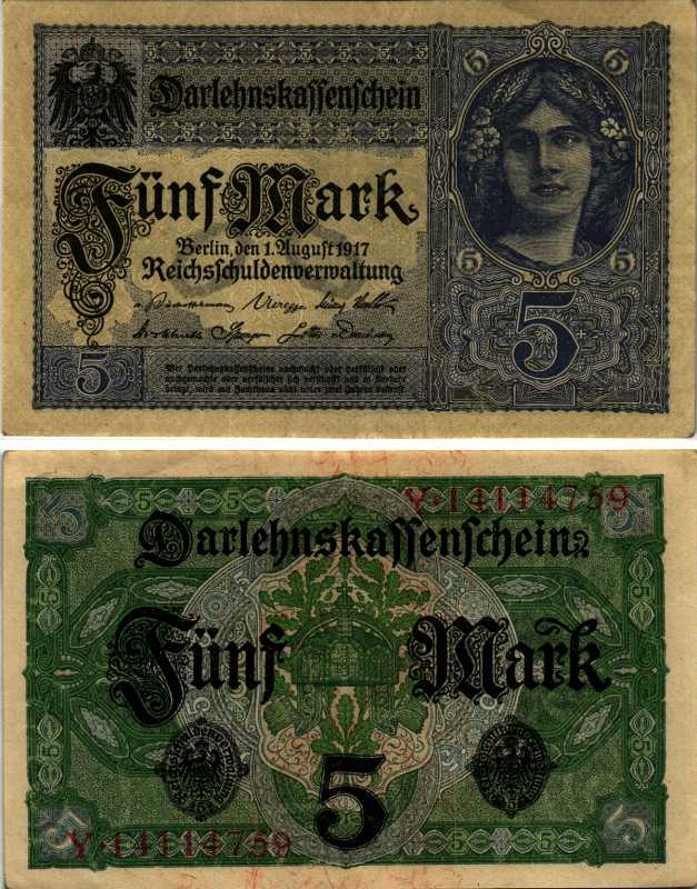 ГЕРМАНИЯ 5 МАРОК 1917 1 АВГУСТА 1917, ВОСЕМЬ ЦИФР В НОМЕРЕ Pick 56b бумага 444-153-2-2