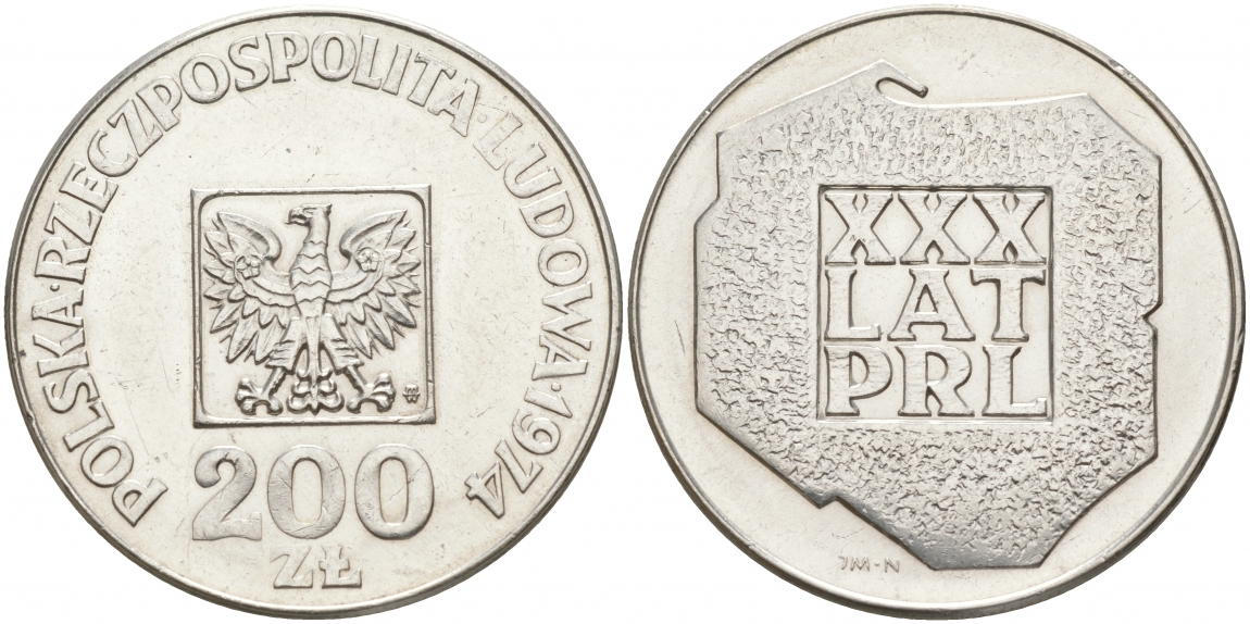 Польша 200 злотых 1974 MW, 30 лет Народной Республике KM 72, Parchimowicz 304а серебро 69-334